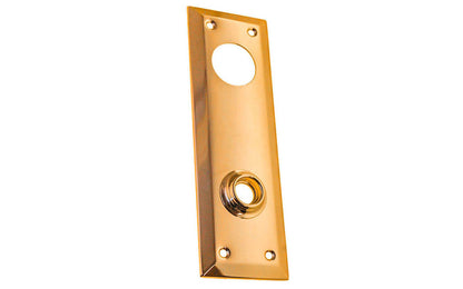 Brass Escutcheon Keyway Cylinder Door Plate ~ Non-Lacquered Brass (will patina over time) ~ Vintage-style Hardware · Classic & traditional design ~ Quality stamped brass material ~ 7" high x 2-1/4" wide ~ For solid or pre-bored (2-1/8") hole doors