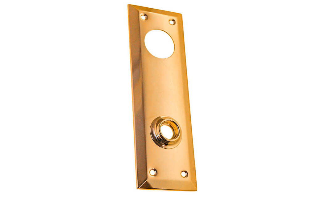 Brass Escutcheon Keyway Cylinder Door Plate ~ Lacquered Brass Finish ~ Vintage-style Hardware · Classic & traditional design ~ Quality stamped brass material ~ 7" high x 2-1/4" wide ~ For solid or pre-bored (2-1/8") hole doors