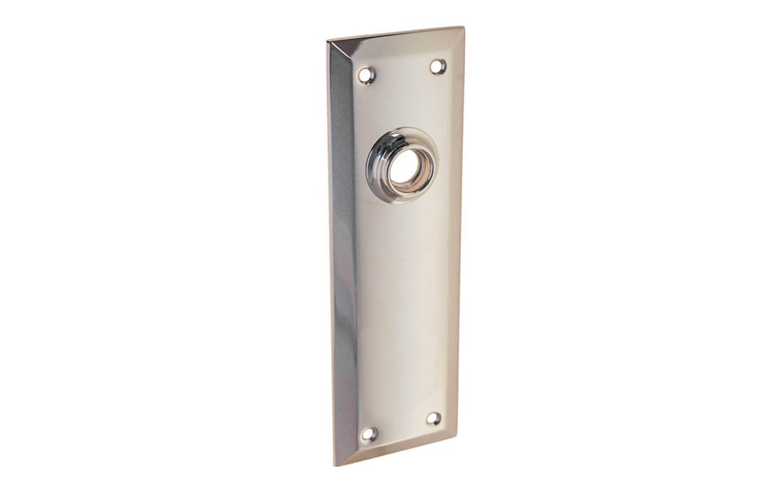 Brass Escutcheon Door Plate ~ Polished Nickel Finish ~ Vintage-style Hardware · Classic & traditional design ~ Quality stamped brass material ~ 7" high x 2-1/4" wide ~ For solid or pre-bored (2-1/8") hole doors