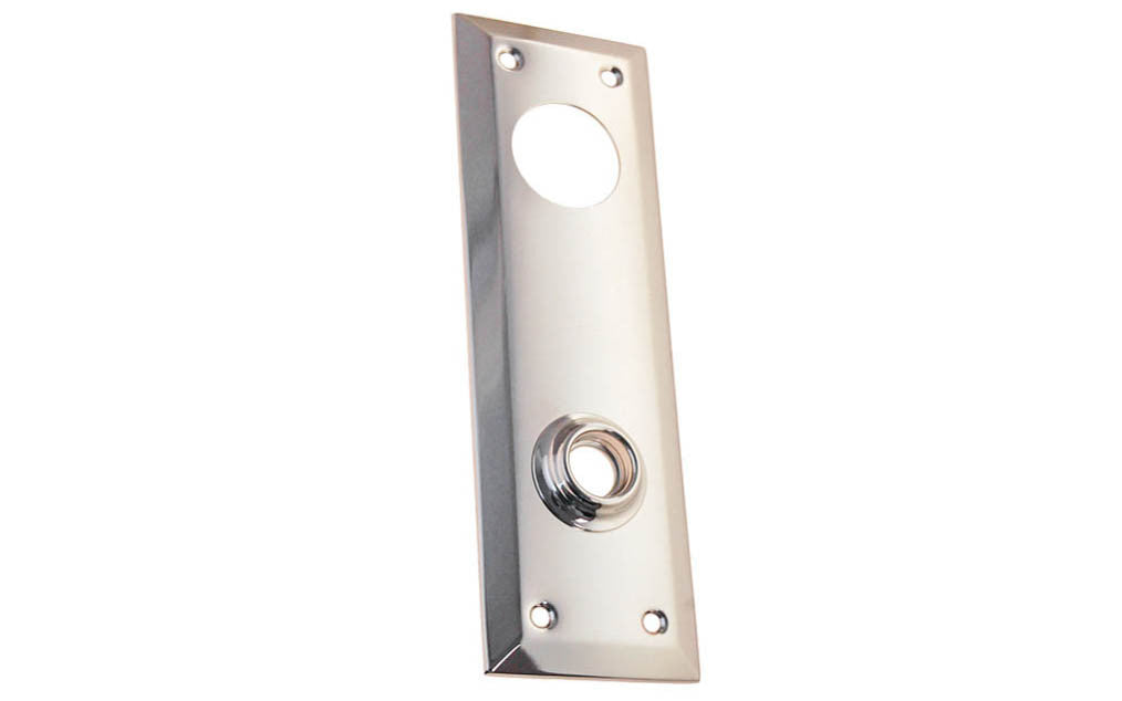 Brass Escutcheon Keyway Cylinder Door Plate ~ Polished Nickel Finish ~ Vintage-style Hardware · Classic & traditional design ~ Quality stamped brass material ~ 7" high x 2-1/4" wide ~ For solid or pre-bored (2-1/8") hole doors