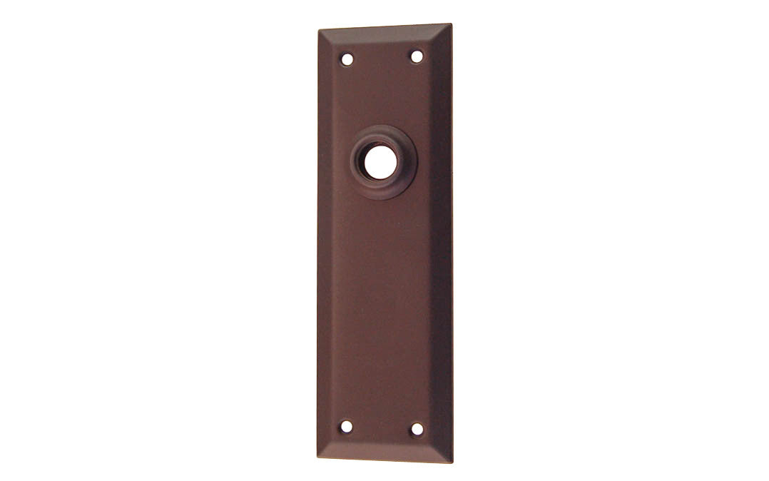 Brass Escutcheon Door Plate ~ Oil Rubbed Bronze Finish ~ Vintage-style Hardware · Classic & traditional design ~ Quality stamped brass material ~ 7" high x 2-1/4" wide ~ For solid or pre-bored (2-1/8") hole doors