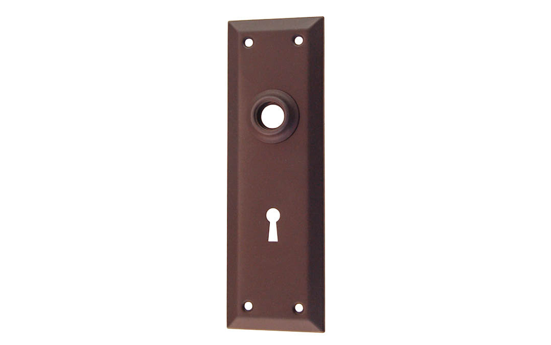 Brass Escutcheon Door Plate with Keyhole ~ Oil Rubbed Bronze Finish ~ A classic & handsome door escutcheon plate with a keyhole. Made of quality stamped brass material, this escutcheon plate is a well-made & durable piece of hardware. The plate may be used on modern doors with 2-1/8" pre-bored holes, or with the old-style mortise lock sets on traditional doors as well. 