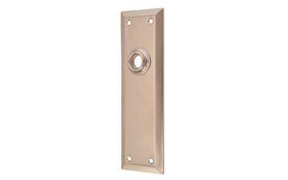 Brass Escutcheon Door Plate ~ Brushed Nickel Finish ~ Vintage-style Hardware · Classic & traditional design ~ Quality stamped brass material ~ 7" high x 2-1/4" wide ~ For solid or pre-bored (2-1/8") hole doors