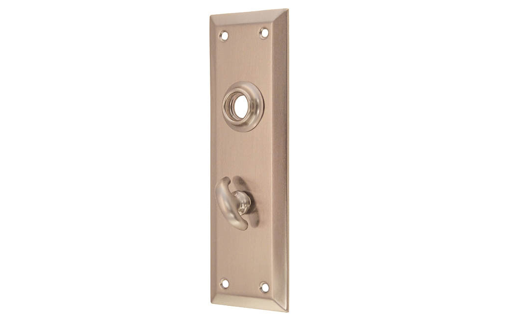 Brass Escutcheon Door Thumb Turn Plate ~ Brushed Nickel Finish ~ Vintage-style Hardware · Classic & traditional design ~ Quality stamped brass material ~ 7" high x 2-1/4" wide ~ For solid or pre-bored (2-1/8") hole doors