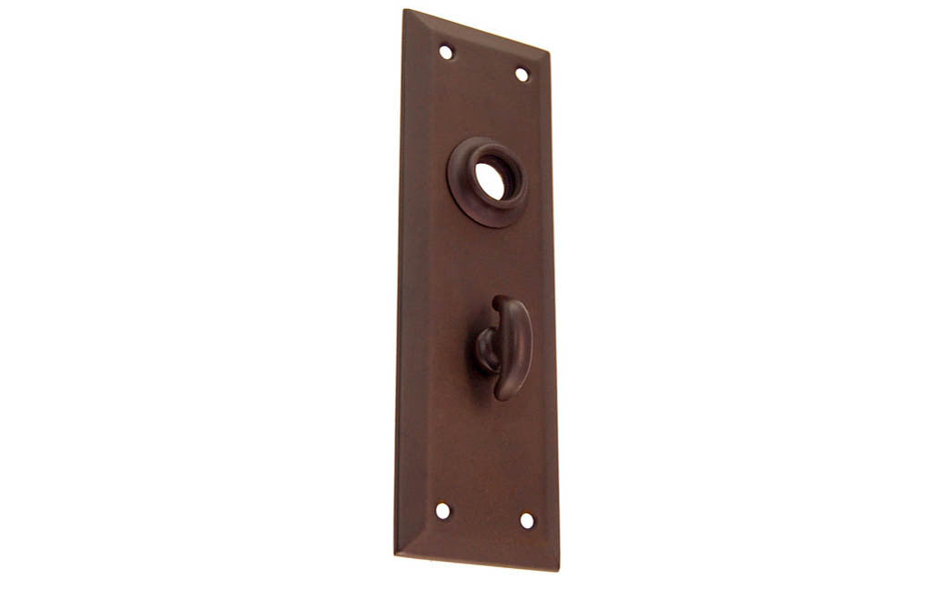 Brass Escutcheon Door Thumb Turn Plate ~ Oil Rubbed Bronze Finish ~ Vintage-style Hardware · Classic & traditional design ~ Quality stamped brass material ~ 7" high x 2-1/4" wide ~ For solid or pre-bored (2-1/8") hole doors