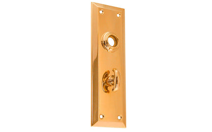 Brass Escutcheon Door Thumb Turn Plate ~ Non-Lacquered Brass (will patina naturally over time) ~ Vintage-style Hardware · Classic & traditional design ~ Quality stamped brass material ~ 7" high x 2-1/4" wide ~ For solid or pre-bored (2-1/8") hole doors