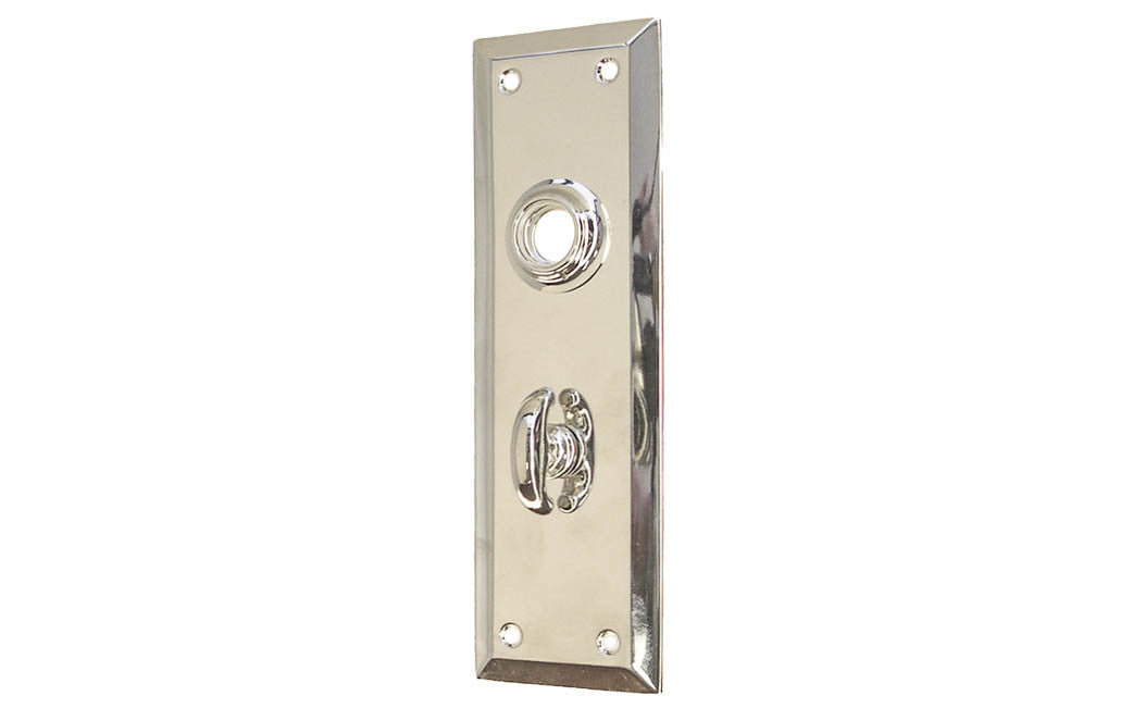 Brass Escutcheon Door Thumb Turn Plate ~ Polished Nickel Finish ~ Vintage-style Hardware · Classic & traditional design ~ Quality stamped brass material ~ 7" high x 2-1/4" wide ~ For solid or pre-bored (2-1/8") hole doors