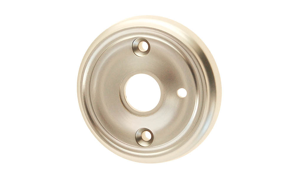 Classic Solid Brass Rosette ~ Privacy (Locking) ~ Brushed Nickel Finish ~ Vintage-style Hardware · Classic & traditional ~2-3/4" diameter doorknob rosette ~ Solid brass ~ For solid doors, or modern pre-bored doors (with piece #8873-C)