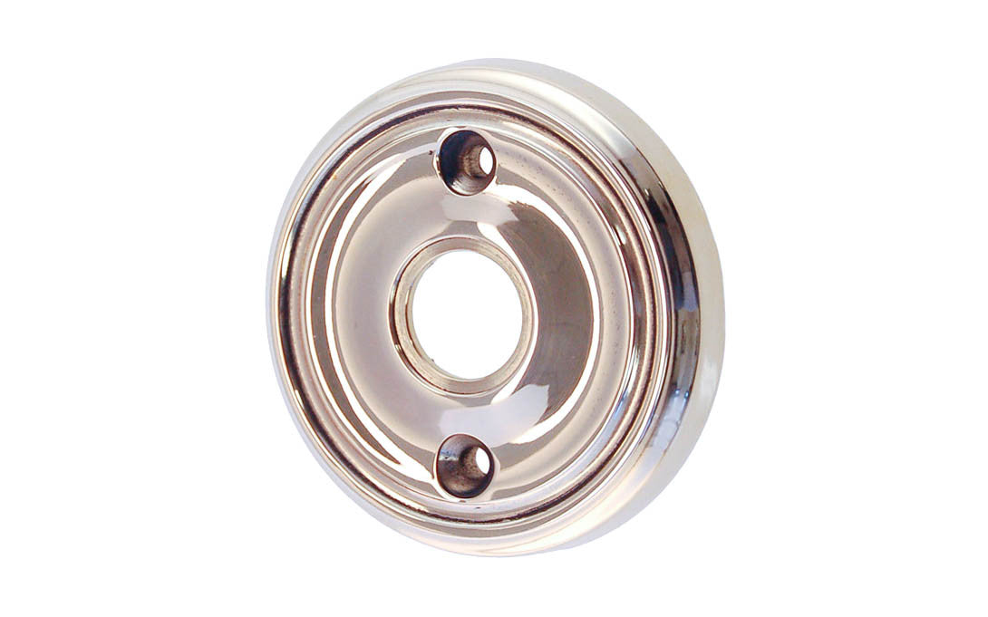 Classic Solid Brass Rosette ~ Passage (Non-Locking) ~ Polished Nickel Finish ~ Vintage-style Hardware · Classic & traditional ~2-3/4" diameter doorknob rosette ~ Solid brass ~ For solid doors, or modern pre-bored doors (with piece #8873-D)