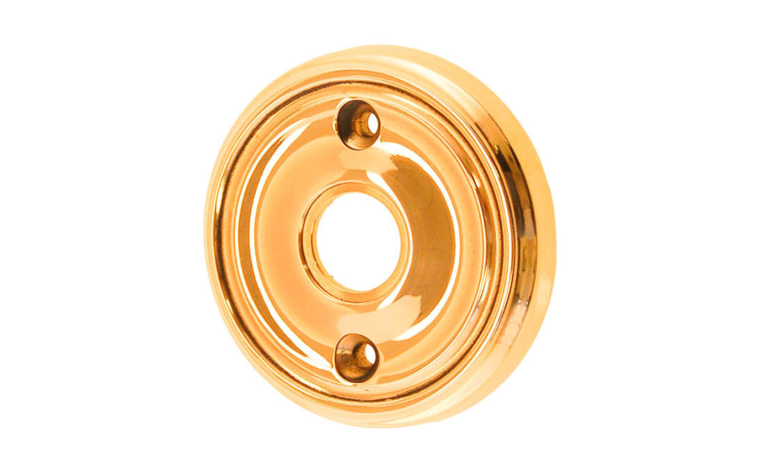 Classic Solid Brass Rosette ~ Passage (Non-Locking) ~ Non-Lacquered Brass (will patina naturally over time) ~ Vintage-style Hardware · Classic & traditional ~2-3/4" diameter doorknob rosette ~ Solid brass ~ For solid doors, or modern pre-bored doors (with piece #8873-D)