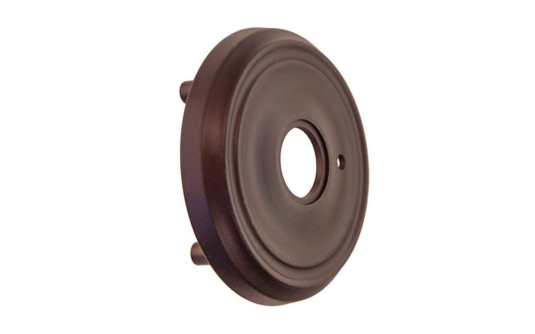 Classic Solid Brass Rosette with Threaded Shanks ~ Privacy (Locking) ~ Oil Rubbed Bronze Finish ~ Vintage-style Hardware · Classic & traditional ~ 2-3/4" diameter doorknob rosette ~ Solid brass ~ For modern pre-bored (2-1/8" hole) doors (with piece #8873-A)