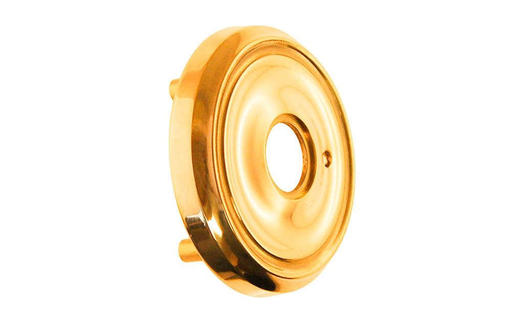 Classic Solid Brass Rosette with Threaded Shanks ~ Privacy (Locking) ~ Non-Lacquered Brass (will patina naturally over time) ~ Vintage-style Hardware · Classic & traditional ~ 2-3/4" diameter doorknob rosette ~ Solid brass ~ For modern pre-bored (2-1/8" hole) doors (with piece #8873-A)