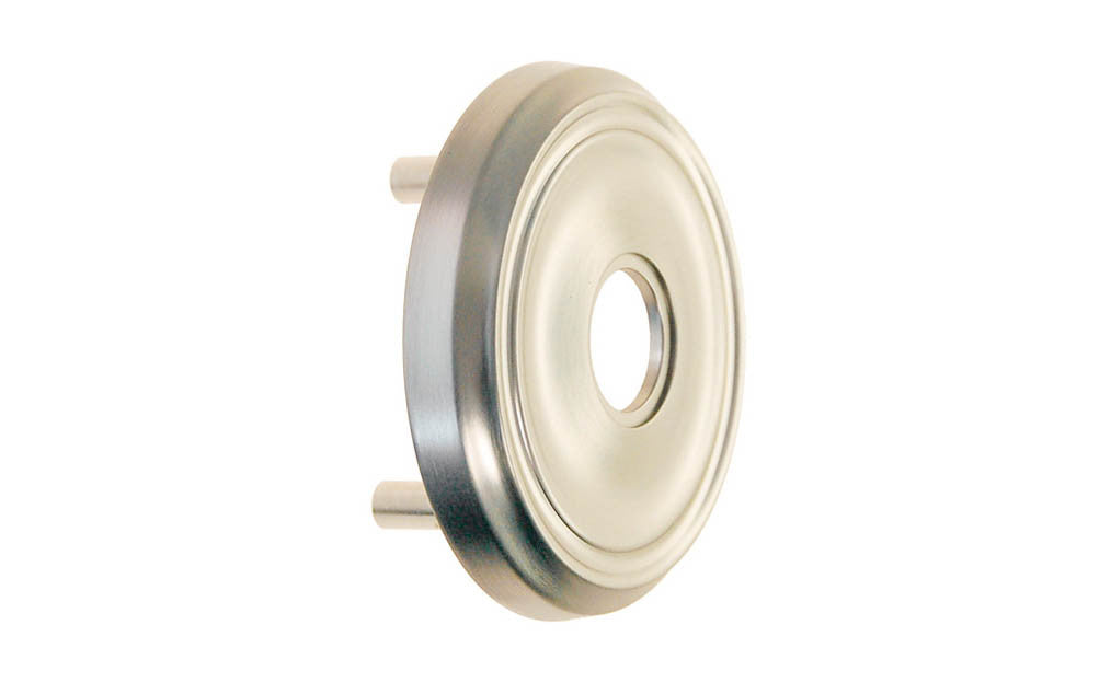 Classic Solid Brass Rosette with Threaded Shanks ~ Passage (Non-Locking) ~ Brushed Nickel Finish ~ Vintage-style Hardware · Classic & traditional ~ 2-3/4" diameter doorknob rosette ~ Solid brass ~ For modern pre-bored (2-1/8" hole) doors (with piece #8873-B)