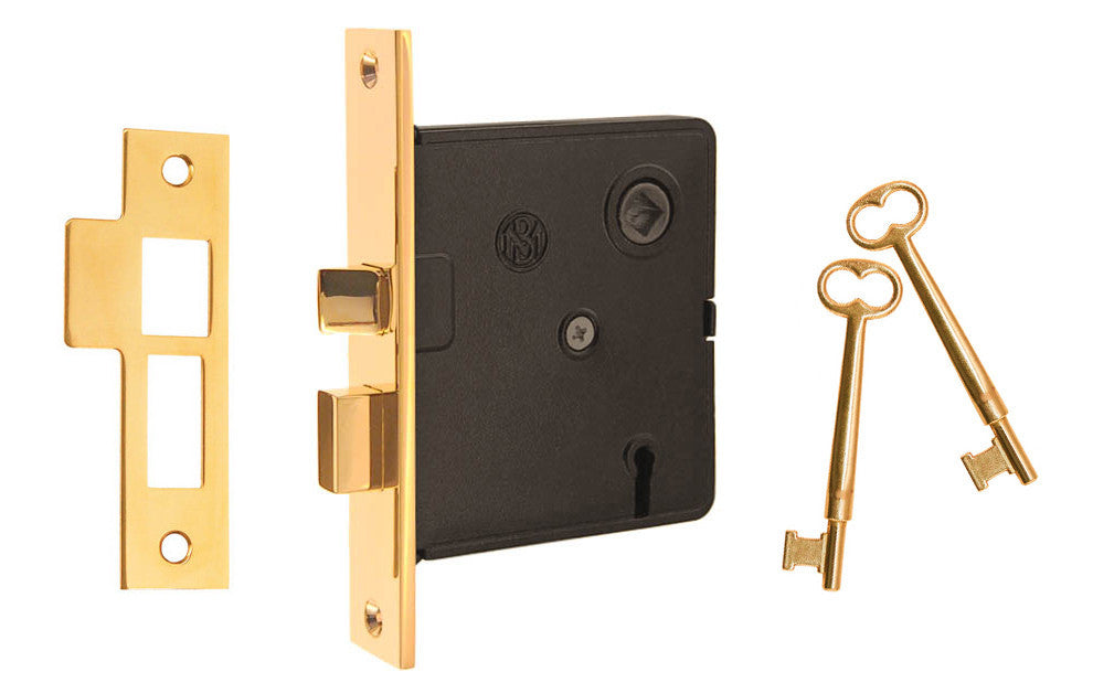 Traditional & classic interior mortise lock set. Includes skeleton key for deadbolt operation & locking of doors. Replica of common older style mortise locks. 2-1/2