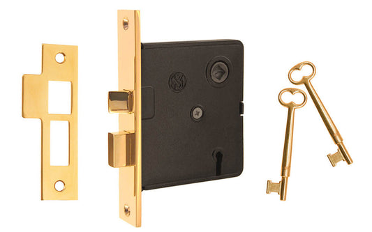 Traditional & classic interior mortise lock set. Includes skeleton key for deadbolt operation & locking of doors. Replica of common older style mortise locks. 2-1/2" backset. Solid brass material & thick steel case. Old-style privacy mortise lock. Unlacquered Brass (will patina over time). Un-lacquered brass. Non-lacquered brass.
