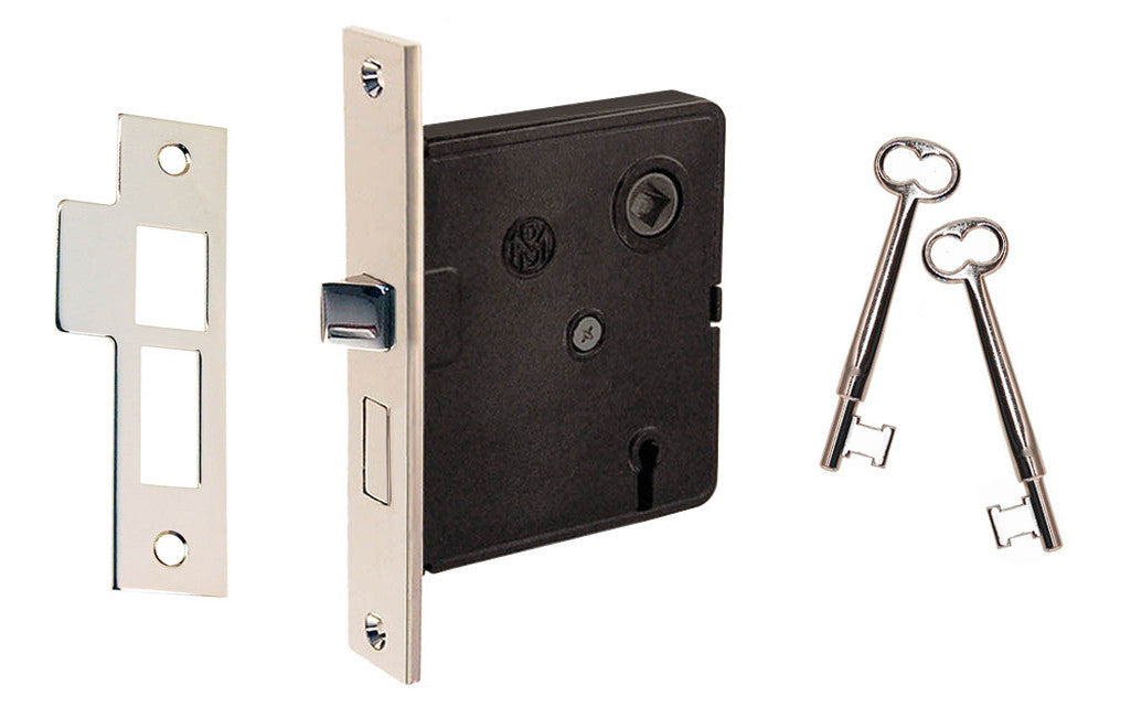Classic Interior Mortise Lock Set ~ 2-1/2" Backset ~ Polished Nickel Finish on Solid Brass MaterialTraditional & classic interior mortise lock set. Includes skeleton key for deadbolt operation & locking of doors. Replica of common older style mortise locks. 2-1/2" backset. Solid brass material & thick steel case. Old-style privacy mortise lock. Polished Nickel Finish.