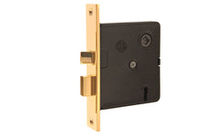 Traditional & classic interior mortise lock set. Includes skeleton key for deadbolt operation & locking of doors. Replica of common older style mortise locks. 2-1/2" backset. Solid brass material & thick steel case. Old-style privacy mortise lock. Unlacquered Brass (will patina naturally over time). Un-lacquered brass. Non-lacquered brass.