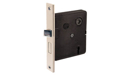 Traditional & classic interior mortise lock set. Includes skeleton key for deadbolt operation & locking of doors. Replica of common older style mortise locks. 2-1/2" backset. Solid brass material & thick steel case. Old-style privacy mortise lock. Polished Nickel Finish.