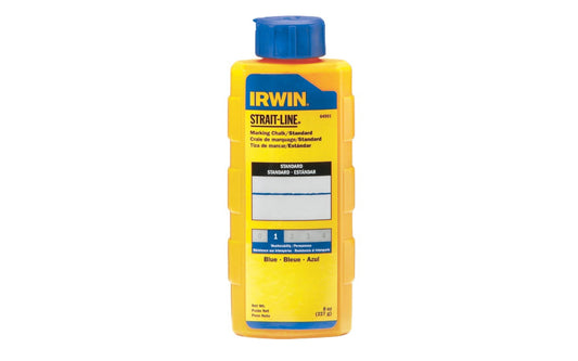 This Irwin Strait-Line 8 oz Standard Blue Marking Chalk is designed for reel type chalk line boxes. Plastic squeeze bottles with fast fill spout. For interior or exterior use on a variety of surfaces including wood, drywall, concrete, stone, & metal. Standard - Marks are temporary. Model No. 64901. Blue color chalk 