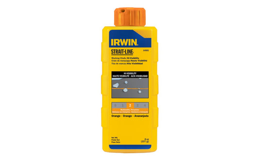 Irwin Strait-Line 8 oz Hi-Visibility Orange Marking Chalk is designed for reel type chalk line boxes. Plastic squeeze bottles with fast fill spout. For exterior use on wood, drywall, concrete, stone, & metal. Ideal for low light conditions & on dark surfaces. Use to show layout changes & corrections. Model No. 64905. 