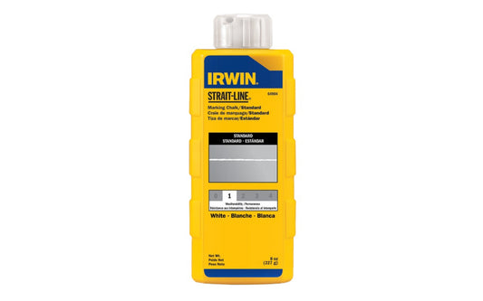 This Irwin Strait-Line 8 oz Standard White Marking Chalk is designed for reel type chalk line boxes. Plastic squeeze bottles with fast fill spout. For interior or exterior use on a variety of surfaces including wood, drywall, concrete, stone, & metal. Standard - Marks are temporary. Model No. 64904. White color chalk 