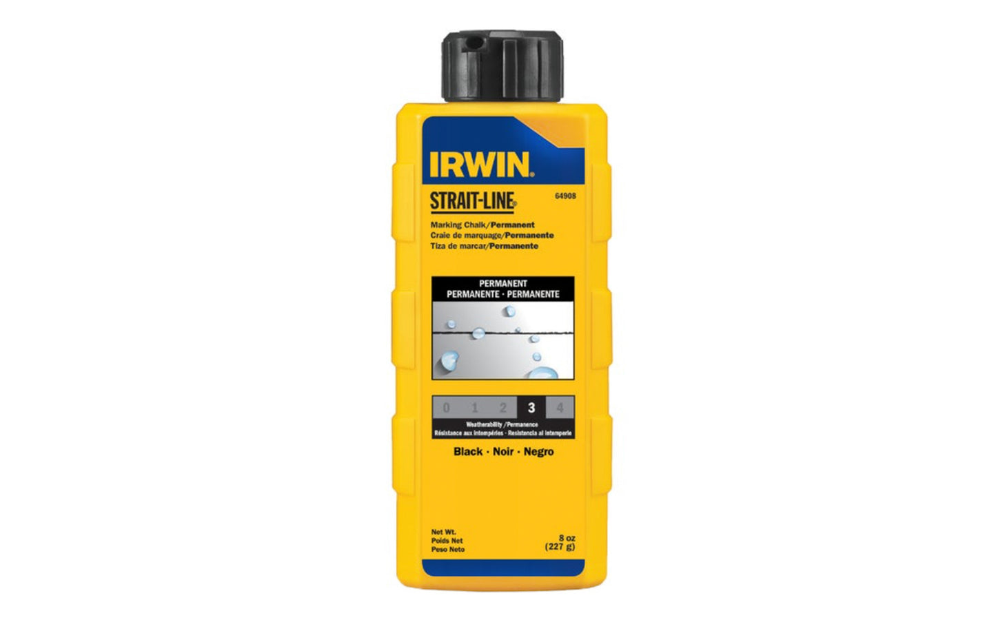 Irwin Strait-Line 8 oz Permanent Black Marking Chalk is designed for reel type chalk line boxes. Squeeze bottles with fast fill spout. For Exterior use on a variety of surfaces including wood, concrete, stone, & metal. Permanent, Visible after weeks of weather exposure & jobsite wear. Model 64908. Black color chalk 