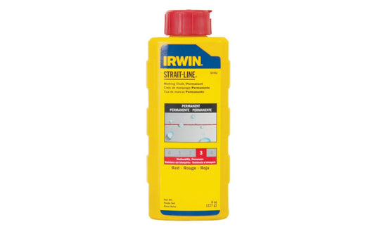 This Irwin Strait-Line 8 oz Permanent Red Marking Chalk is designed for reel type chalk line boxes. Squeeze bottles with fast fill spout. For Exterior use on a variety of surfaces including wood, concrete, stone, & metal. Permanent - Visible after weeks of weather exposure & jobsite wear. Model 64902. Red color chalk 
