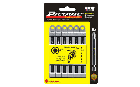 Picquic 6-piece Metric Allen Key Powerbit Set with sizes 2 mm,  2.5 mm,  3 mm,  4 mm,  5 mm,  6 mm  Metric Allen Key drive bits. Replacement bits for Picquic screwdrivers & also good for use in drills & impact drivers. 1/4” hex ball power shank. 057369950026