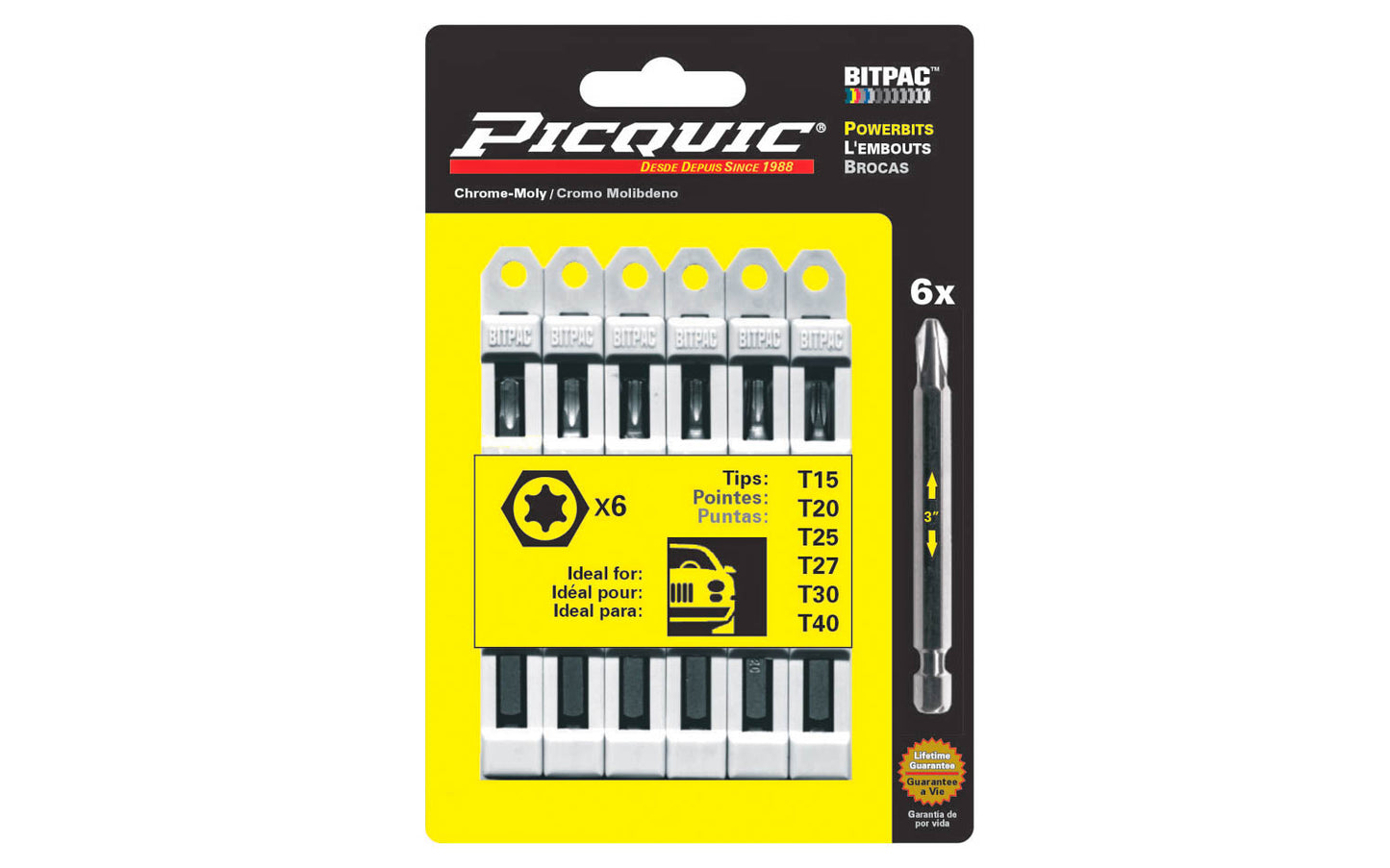 Picquic 6-piece Torx Powerbit Set with sizes T-15, T-20, T-25, T-27, T-30, T-40  Torx drive bits. Replacement bits for Picquic screwdrivers & also good for use in drills & impact drivers. 1/4” hex ball power shank. 057369950033