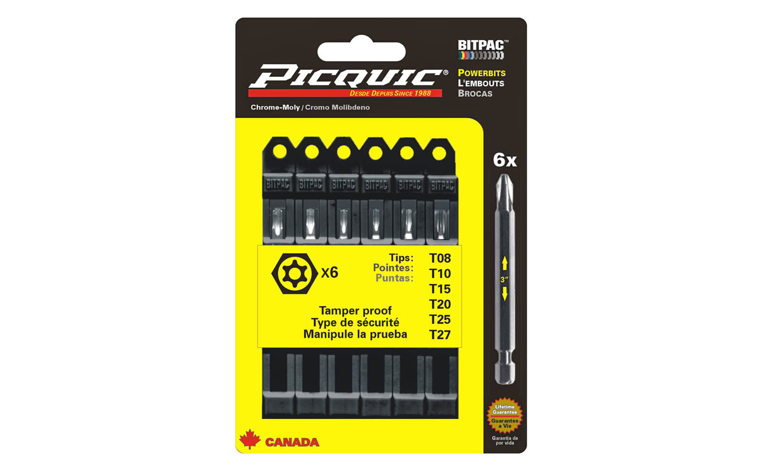 Picquic 6-piece Security Torx Powerbit Set with sizes T-8,  T-10,  T15, T-20,  T-25,  T-27 drive bits. Replacement bits for Picquic screwdrivers & also good for use in drills & impact drivers. 1/4” hex ball power shank. 057369950040