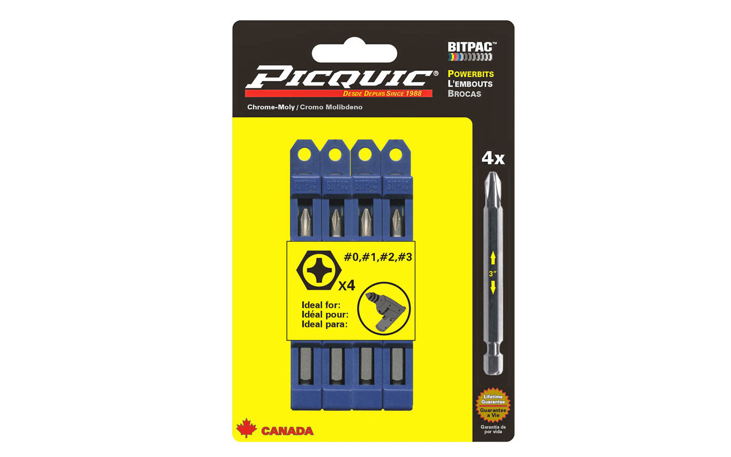 Picquic 4-piece Phillips Powerbit Set with sizes #0, #1, #2, #3 phillips drive bits. Replacement bits for Picquic screwdrivers & also good for use in drills & impact drivers. 1/4” hex ball power shank. 057369950064