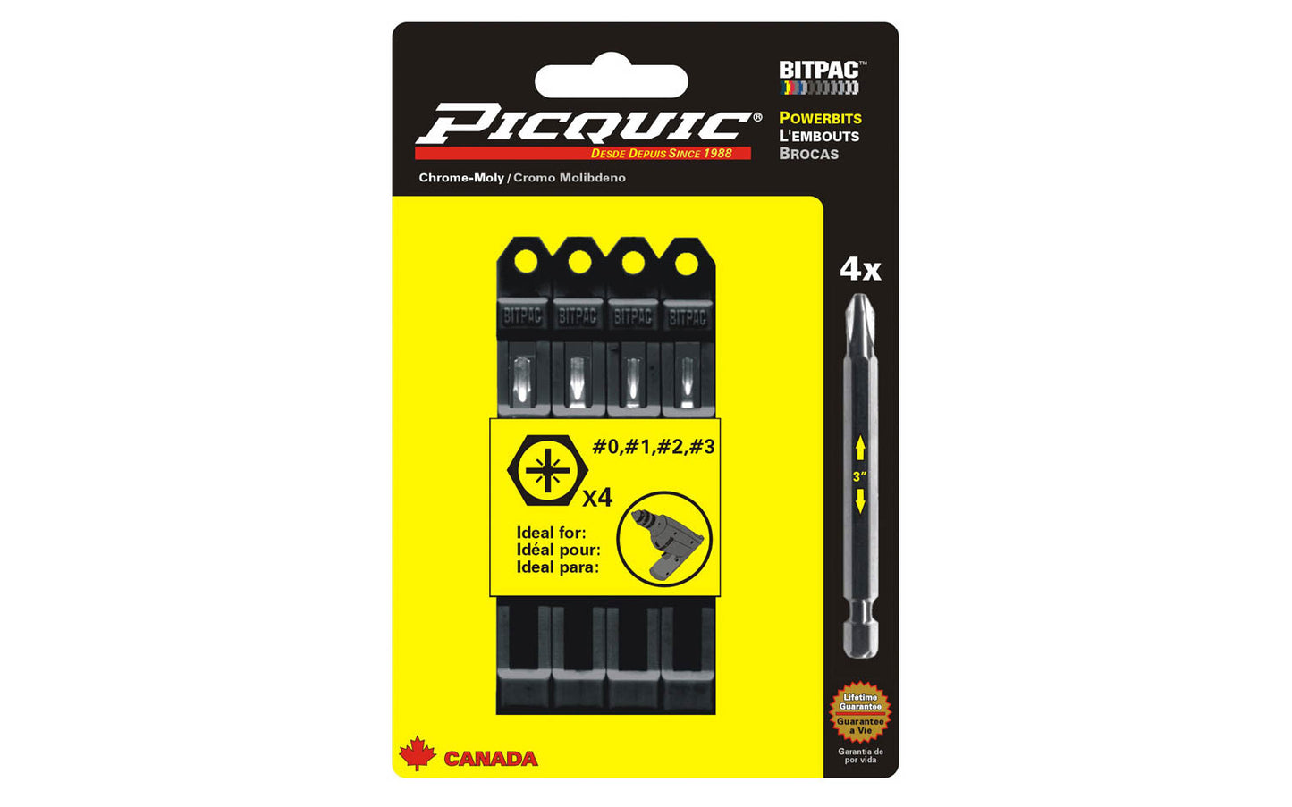 Picquic 4-piece Pozidrive Powerbit Set with sizes #0, #1, #2, #3 pozidrive drive bits. Replacement bits for Picquic screwdrivers & also good for use in drills & impact drivers. 1/4” hex ball power shank. 057369950071