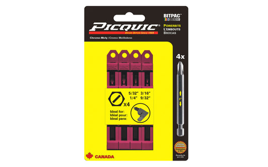 Picquic 4-piece slotted SAE Powerbit Set with sizes 5/32",  3/16",  1/4",  9/32"  SAE slotted drive bits. Replacement bits for Picquic screwdrivers & also good for use in drills & impact drivers. 1/4” hex ball power shank. 057369950088