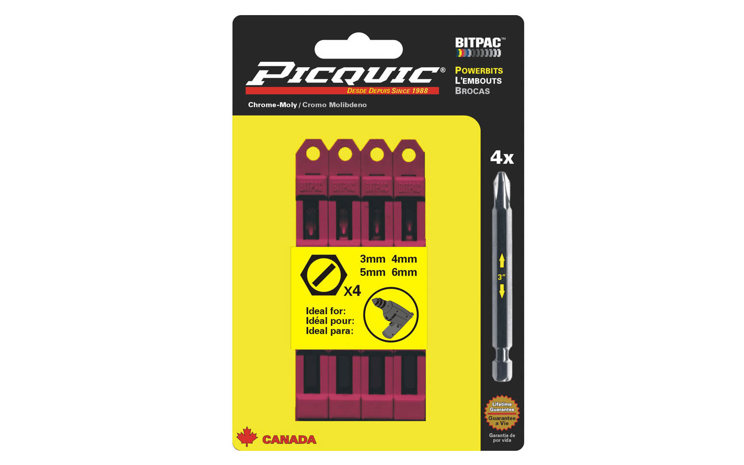 Picquic 4-piece Slotted Metric Powerbit Set with sizes 3 mm,  4 mm,  5 mm,  6 mm metric slotted drive bits. Replacement bits for Picquic screwdrivers & also good for use in drills & impact drivers. 1/4” hex ball power shank. 057369950095