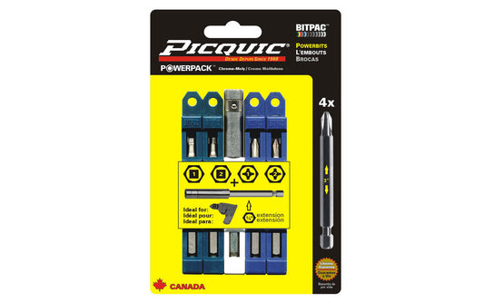 Picquic 5-piece Powerbit & Extension Set with sizes #1  &  #2 phillips bits,  #1  &  #2  square bits,  & 4" extension bits. Replacement bits for Picquic screwdrivers & also good for use in drills & impact drivers. 1/4” hex ball power shank. 057369950989