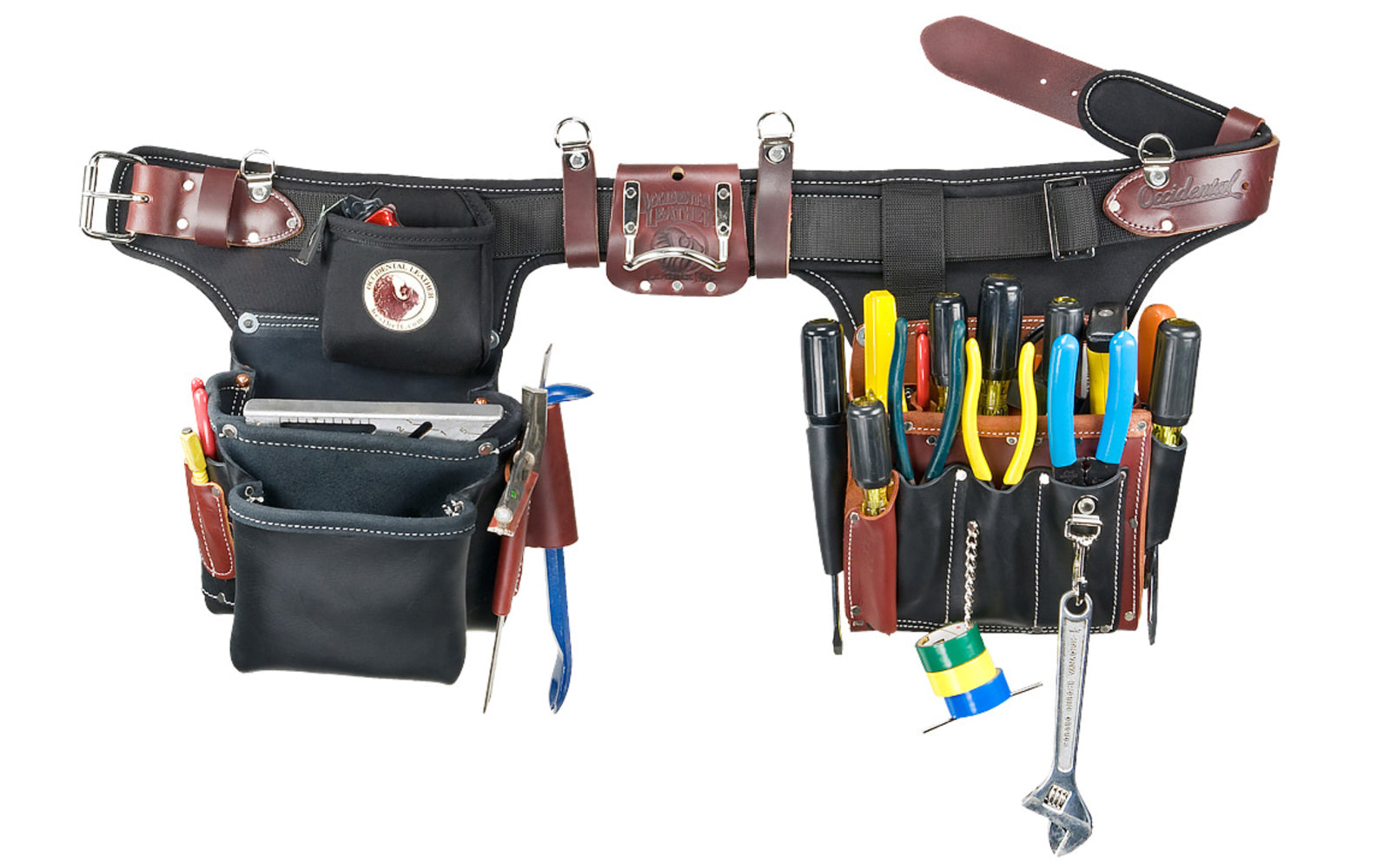 Occidental Leather Heritage "Adjust-To-Fit"  Industrial Pro Electrician Tool Belt - Package Set ~ 9596 - Premium Top-Grain Leather bags - 31 pockets - Fully Adjustable - Contracts to 32” Pant (35” Belt), Expands to 41” Pant (45” Belt). 759244308105. Industrial Nylon material. Made in USA - Electrician tool bag set