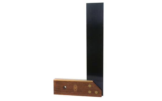 Crown Tools 9" try square with walnut & brass. Features a hardened & tempered blued steel blade & walnut stock fitted with brass. The brass rivets secure the walnut wood stock to blade. 9" 229mm traditional Try / Mitre Square made in Sheffield, England. Model 131