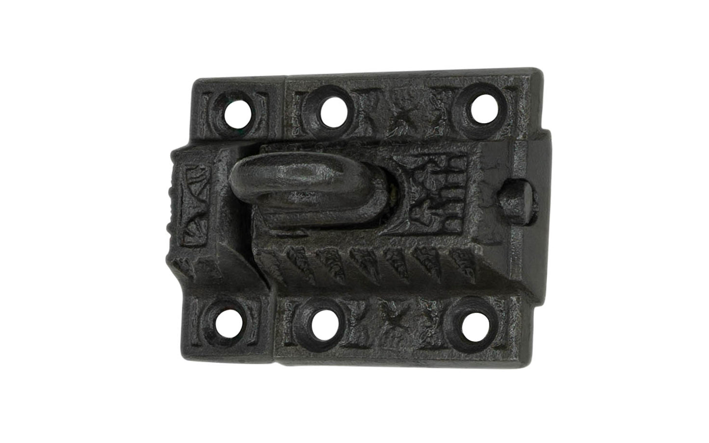 An Art-Deco style mini cast iron cupboard cabinet latch with a ring on top. Vintage-style cast iron finish. Durable & strong spring loaded mechanism. Includes 6 Phillips head screws. Great for cupboards, cabinets, etc.