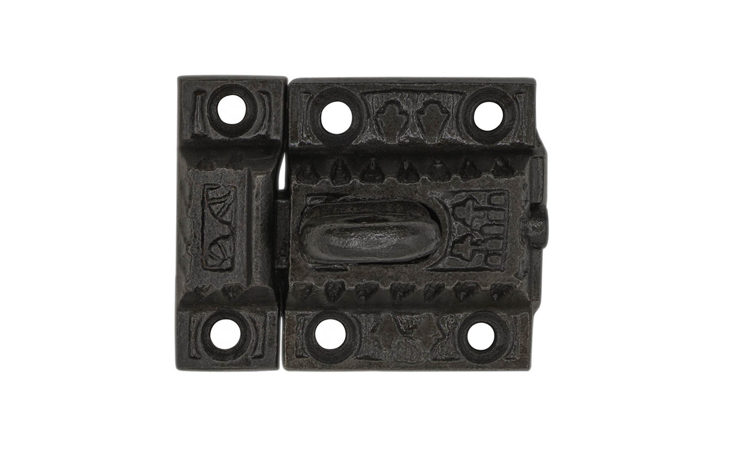 An Art-Deco style mini cast iron cupboard cabinet latch with a ring on top. Vintage-style cast iron finish. Durable & strong spring loaded mechanism. Includes 6 Phillips head screws. Great for cupboards, cabinets, etc.