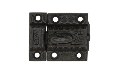 An Art-Deco style mini cast iron cupboard cabinet latch with a ring on top. Vintage-style cast iron finish. Durable & strong spring loaded mechanism. Includes 6 Phillips head screws. Great for cupboards, cabinets, etc.