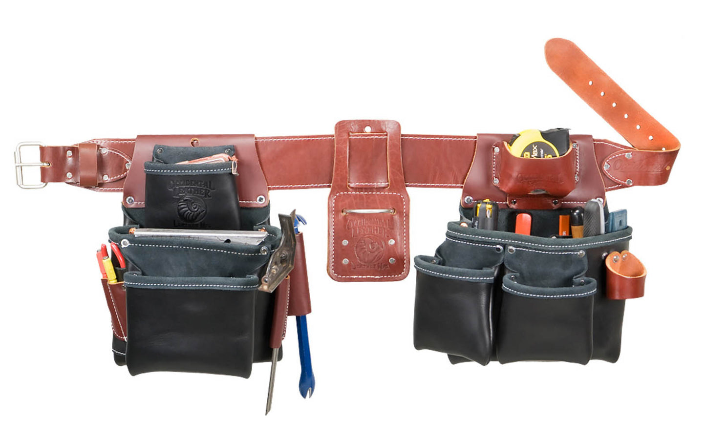 Occidental Leather "Pro Framer" Tool Belt Set Package with Double Outer Bags Black ~ B5080DB M - Medium Belt Size (3" Medium Ranger Work Belt) - Top-Grain Leather - Copper Rivets Reinforce Main Bags - 22 pockets - 759244222807. Pro Leather series made of premium top grain cow hides tanned with oils & waxes for heavy use