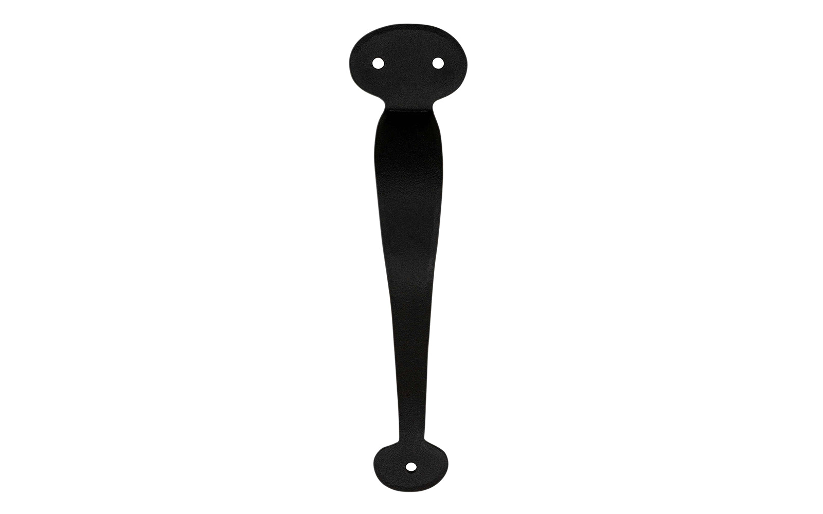A hand-forged "Bean Style" door pull handle. Steel material with a black finish, it has a nice durable feel. Traditional-looking piece of hardware is great for doors, gates, & large cabinets. Powder coated to resist rust. Oval tips - Early-American Style - Cast Iron - 8" overall length - Model 88492 - Oval Style 