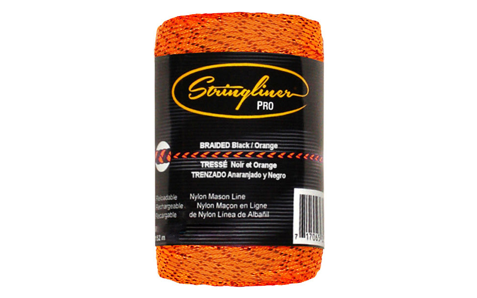This Stringliner Braided Mason Line is a replacement roll for the Stringliner Reel. Fluorescent Orange / Black color. Braided #27 nylon mason line. 320' (1/2 lb) length roll Stringliner Pro Model SL35496. 717065354961