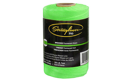 This Stringliner Braided Mason Line is a replacement roll for the Stringliner Reel. Fluorescent Green color. Braided #18 nylon mason line in a 500' (1/2 lb) length roll. 717065354688. Stringliner Pro Model SL35468.