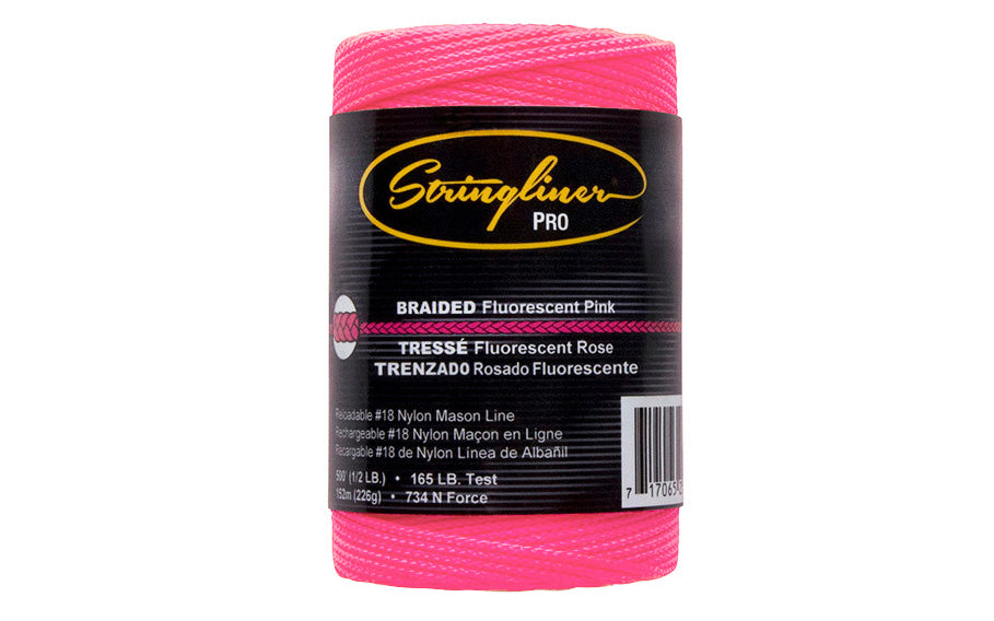 This Stringliner Braided Mason Line is a replacement roll for the Stringliner Reel. Fluorescent pink color. Braided #18 nylon mason line in 500' (1/2 lb) length roll. Stringliner Pro Model SL35462