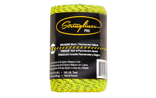 This Stringliner Braided Bonded Mason Line is a replacement roll for the Stringliner Reel. Fluorescent yellow color. Braided #18 nylon mason line in 500' (1/2 lb) length roll. Stringliner Pro Model SL35494
