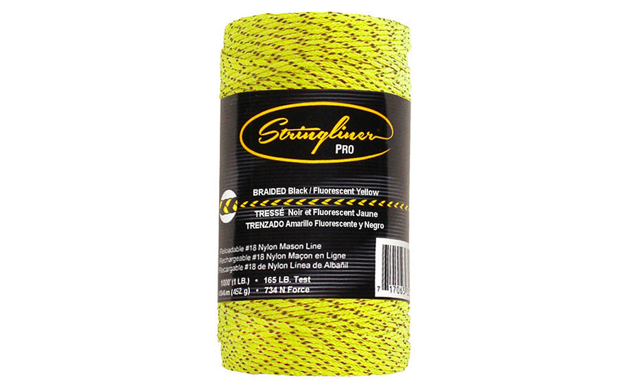 This Stringliner Braided Bonded Mason Line is a replacement roll for the Stringliner Reel. Fluorescent yellow color. Braided #18 nylon mason line in 1000' (1 lb) length roll. Stringliner Pro Model SL35794