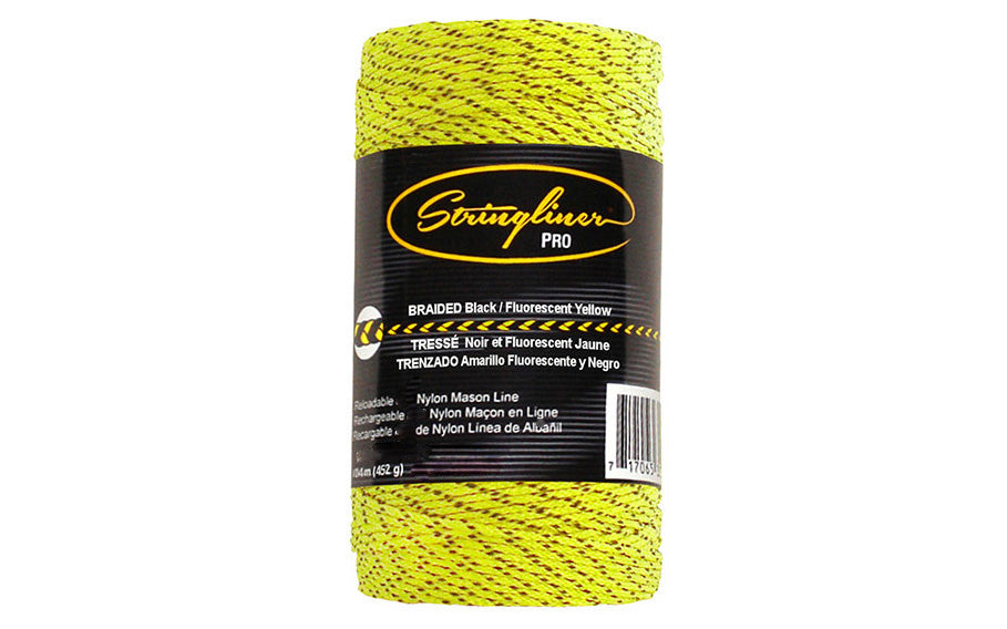 This Stringliner Braided Mason Line is a replacement roll for the Stringliner Reel. Fluorescent Yellow / Black color. Braided #27 nylon mason line. 640' (1 lb) length roll Stringliner Pro Model SL35797. 717065357979