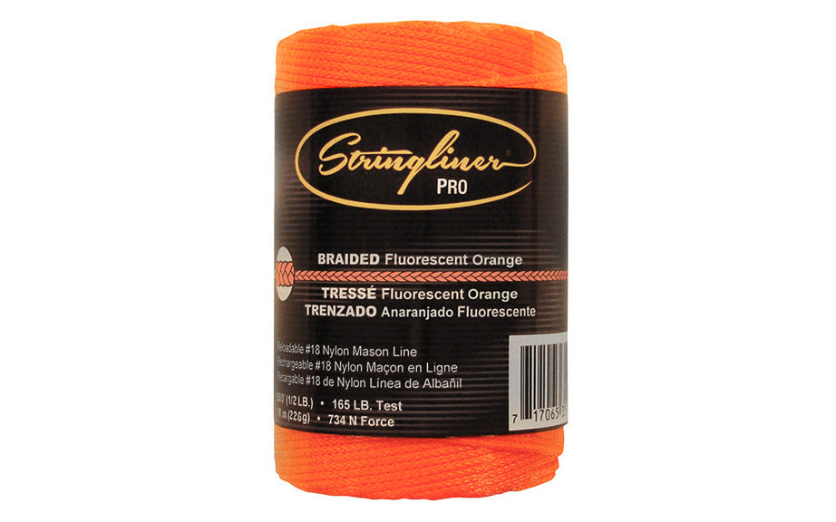 This Stringliner Braided Mason Line is a replacement roll for the Stringliner Reel. Fluorescent orange color. Braided #18 nylon mason line in a 500' (1/2 lb) length roll. 717065354596. Stringliner Pro Model SL35459.
