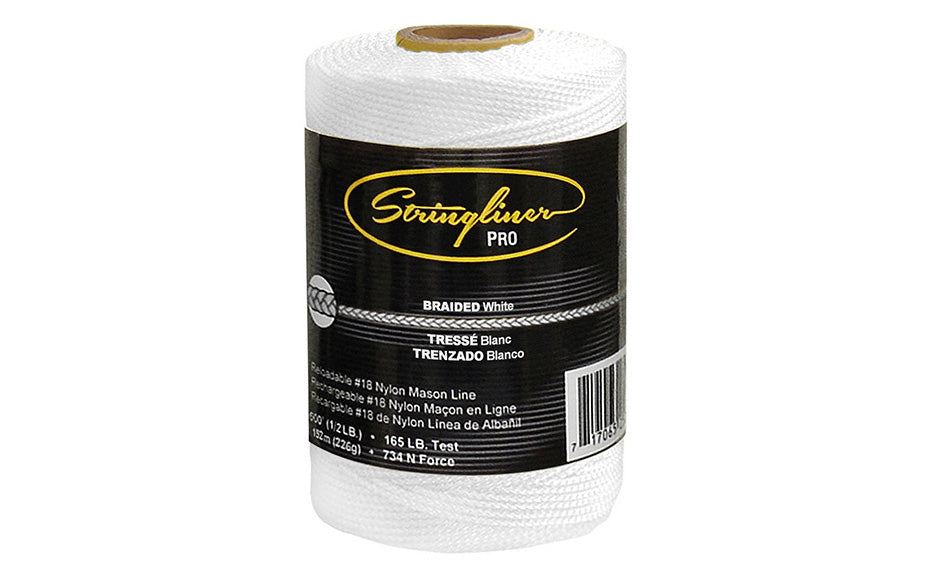 This Stringliner Braided Mason Line is a replacement roll for the Stringliner Reel. White color line. Braided #18 nylon mason line in a 500' (1/2 lb) length roll. 717065354534. Stringliner Pro Model SL35453.